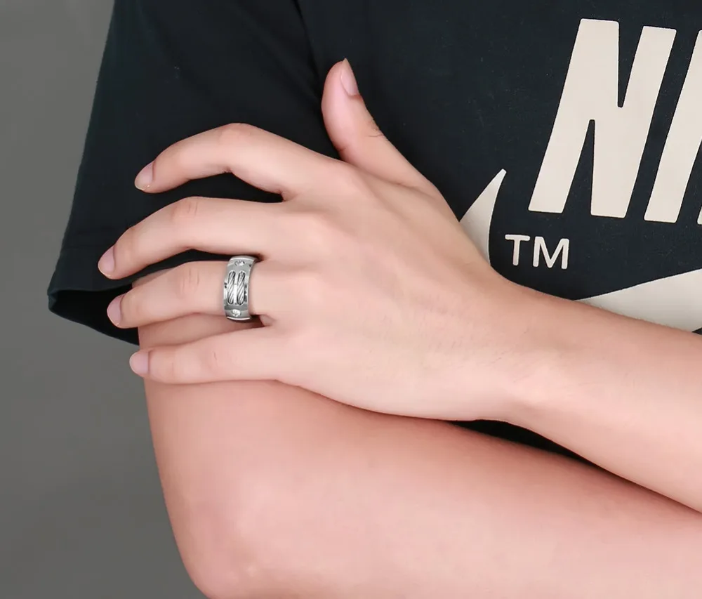 Meaeguet Stainless Steel Wire Ring For Men Punk Rock Ring With Cubic Zirconia Party Jewelry