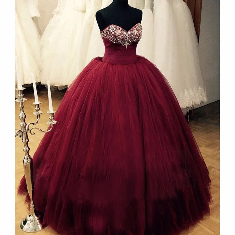 burgundy puffy prom dresses