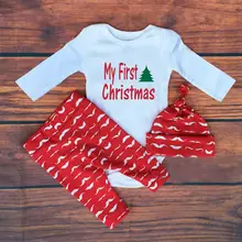 Модный Рождественский комплект одежды для маленьких девочек, мягкий хлопковый комплект одежды, футболка с длинными рукавами+ штаны+ шапка, красный натальный Roupa