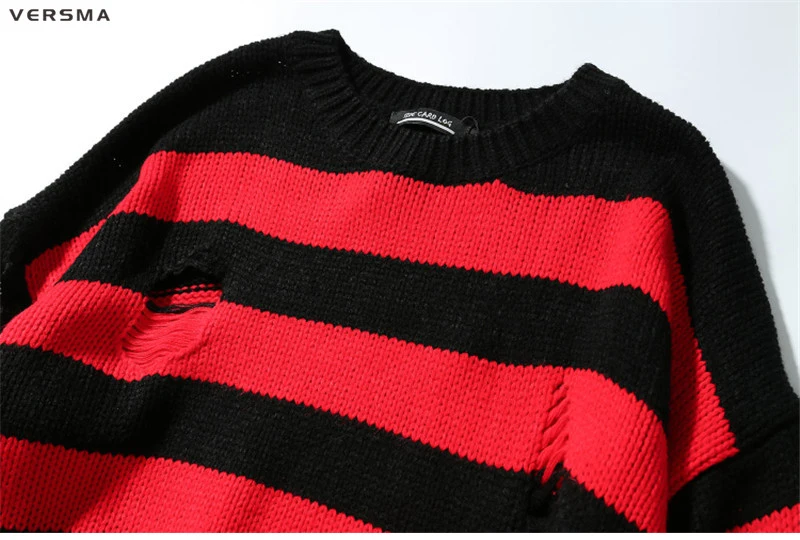 VERSMA хип-хоп Красный Черный Полосатый рваные свитера для пар Корейский мужской вязаный Уродливый Рождественский свитер мужской пуловер Прямая поставка