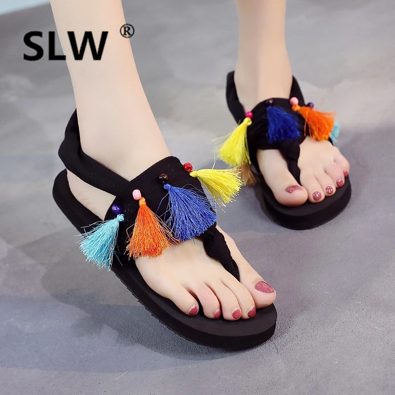 

summer shoes peep toe Fringe Sweet Beach Solid Rome Ethnic Cotton Fabric korean style Pure colour women sandals all match