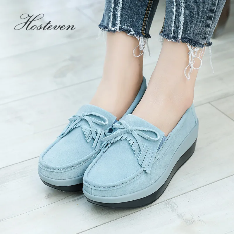 Plat Hosteven Chaussures Cuir Femmes Femelle Printemps Chaussure En Black red Femme Automne Mocassins Daim Vache gray De Frange blue rxf48f