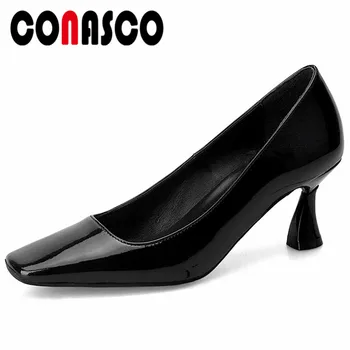 

CONASCO 2019 Women's Shoes Genuine Leather High Heels Elegant Office Pumps Fashion Square Toe Party Dancing Shoes Woman