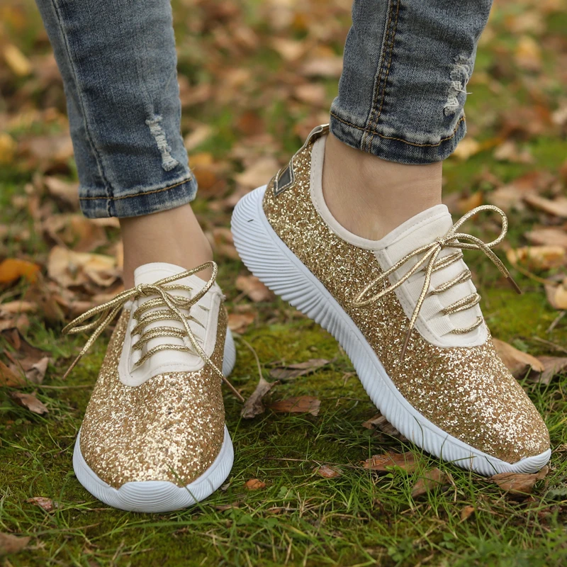 

2019 New Silver Bling Loafers Women Platform Flats Candy Color Breathable Lace-up Walking Flat Shoes Plus Size 35-43 XWD7710