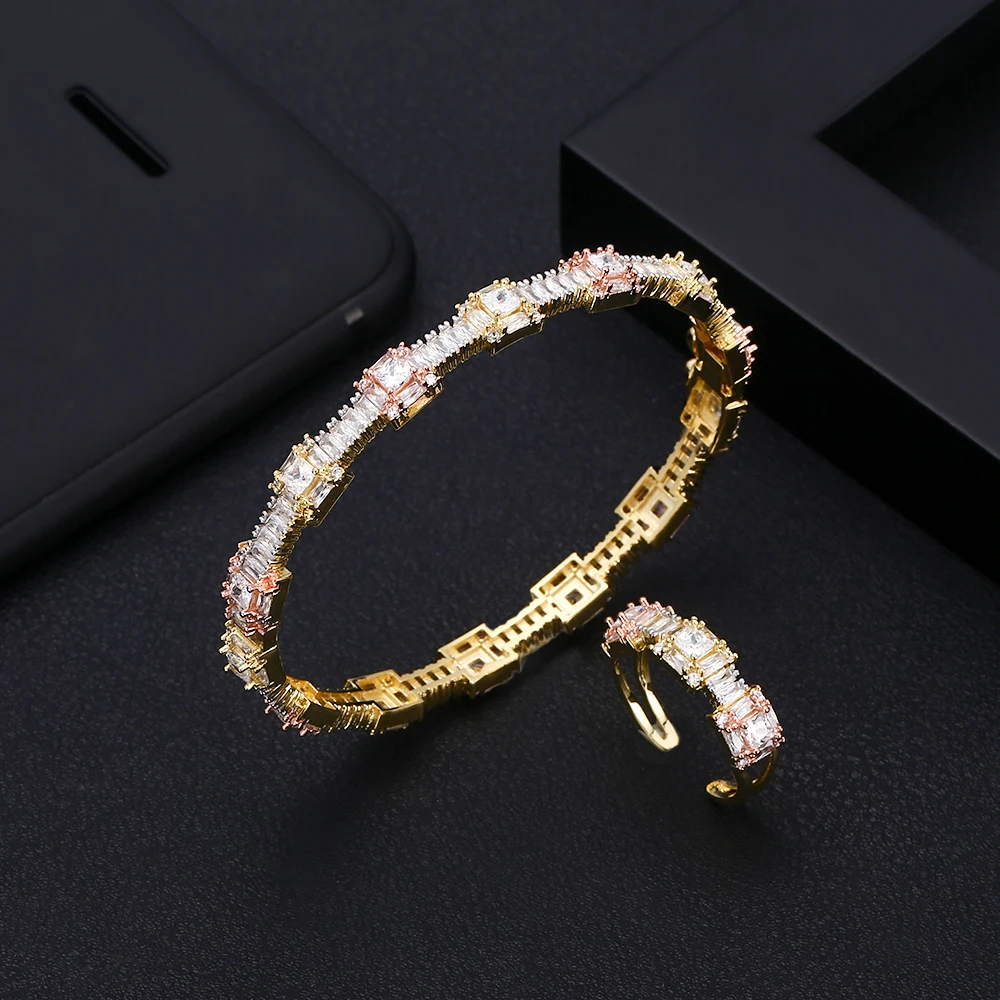

jankelly luxury Unique African Bangle Ring Set Jewelry Sets For Women Wedding Cubic Zircon Crystal CZ Dubai Bridal Jewelry Set