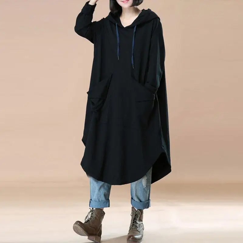 ZANZEA, осенняя Женская винтажная толстовка с капюшоном и длинным рукавом, повседневные свободные толстовки с карманами, длинный пуловер