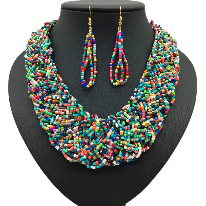 

2019 New Ethnic Jewelry Acrylic Beaded Strand Wide Knotted Knitted Necklaces Fashion African Beads Bohemian Necklace Women