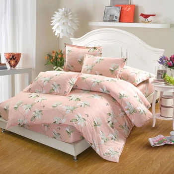 

100% Cotton Bedding Set 4Pcs pink white flowers King Queen full twin Size summer Bed set fitted sheet Duvet Cover pillowcase