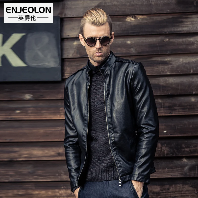 

Enjeolon brand new arrive Motorcycle Leather Jackets Men, Autumn Winter Clothing, zipper Stand collar Male Casual black Coats