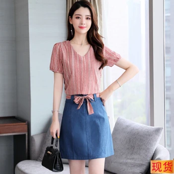 

Casual 2019 Mini A-line Brief Two Piece Set Plaid Loose Bow Korean Women's Sets V Neck Vintage Fashion 2 Pcs Set