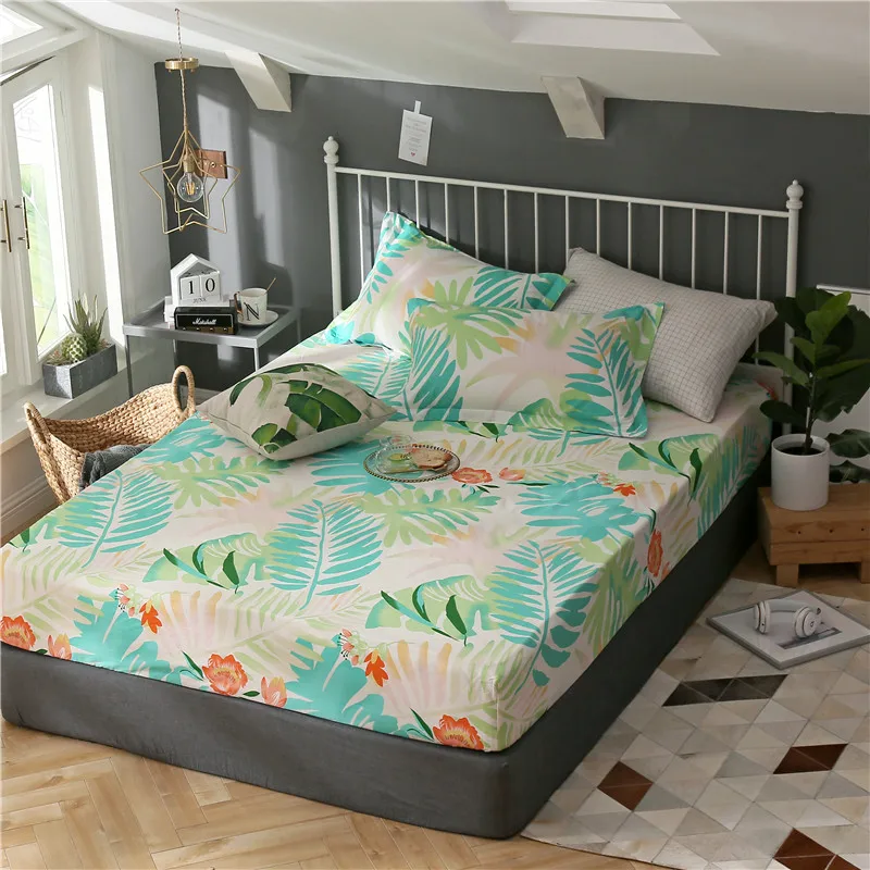 

100%Cotton colorful leaves printed rubber fitted sheet ultra soft bed sheet twin full queen size bed sheets set bed cover set