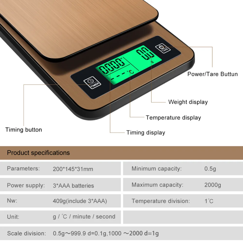 Высокоточные электронные весы для кофе с жидкокристаллическим таймером, ручная стирка, с зондом, цифровые кухонные весы, портативные весы для еды, вес 1 кг/0,1 г