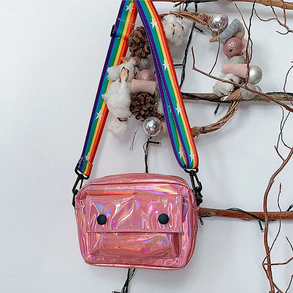

laser bag summer beach bag for teenager students schoolbag Reflective Candy Shoulder Bag with rainbow strap outdoor travel pack