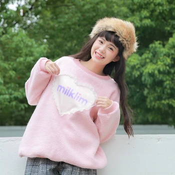 

heart love lace thick faux lamb hair pullover sweet kawaii sweatshirt