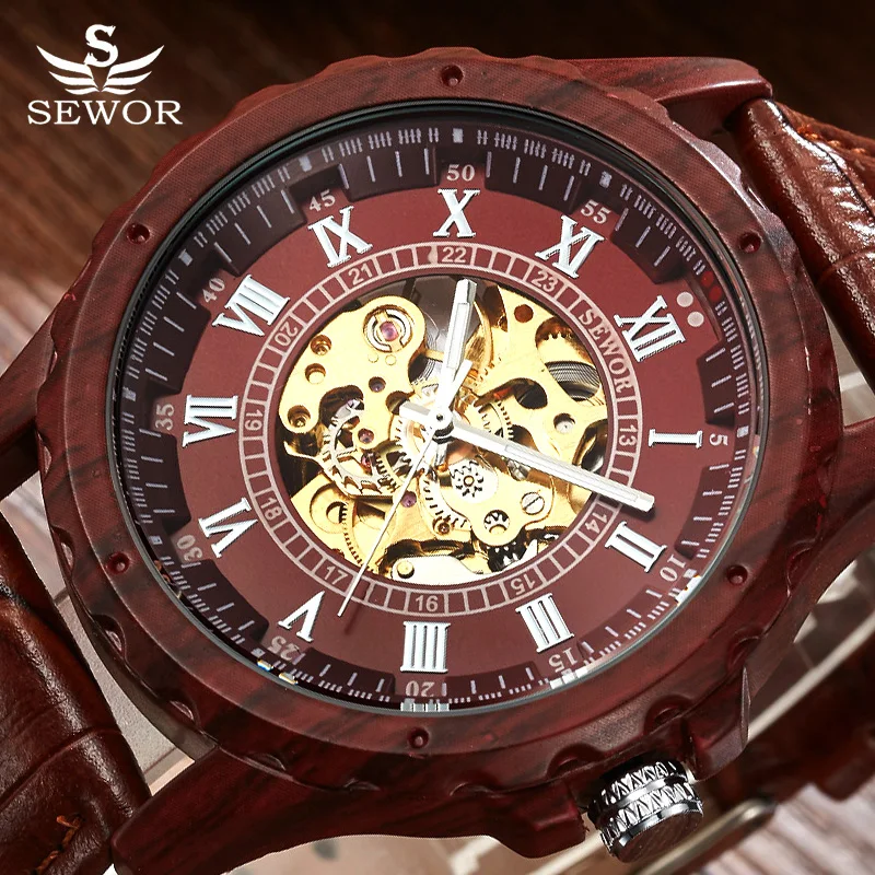 

SEWOR Top Brand Luxury Skeleton Automatic Mechanical Watch Men Watch Retro Mahogany Wood Leather Watches Relogio Masculino