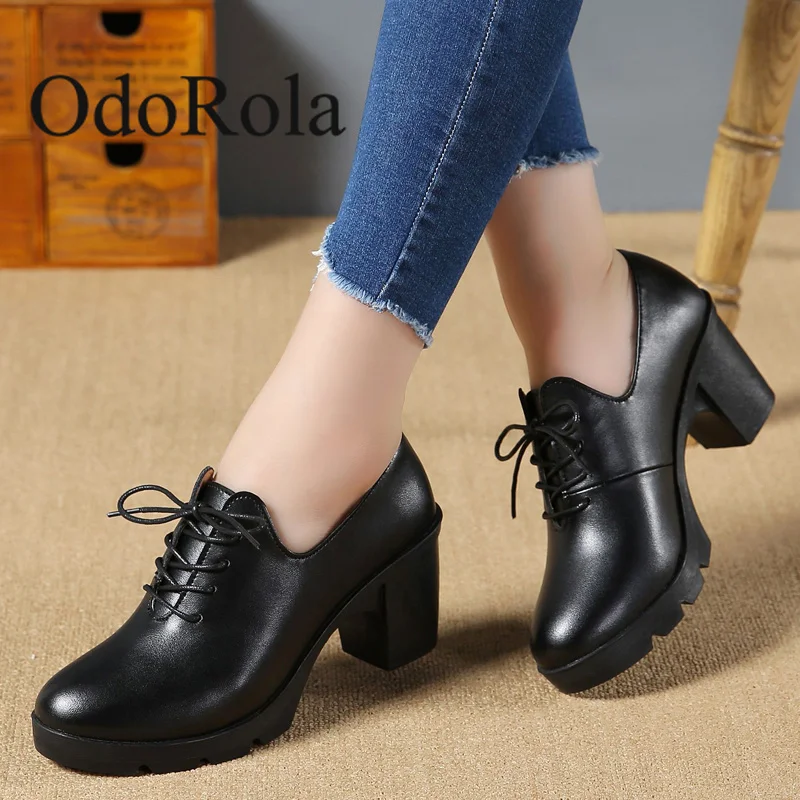 

OdoRola Fashion Lace Up Genuine Leather Shoes Women Black Office Skirt Leather Shoes Chunky High Heel Leather Shoes Women Pumps