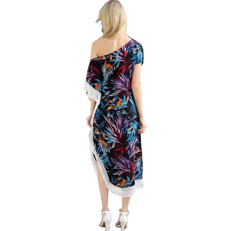 Tassel One Shoulder Bohemian Maxi Dresses for Women Printed Asymmetrical Summer Beach Long Vestidos|Платья| |