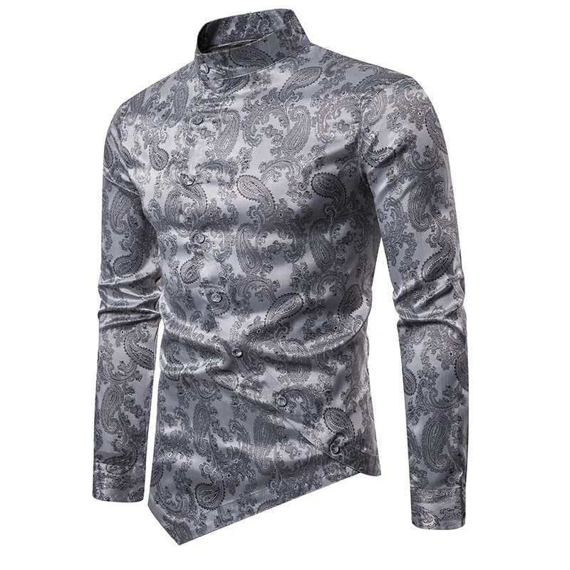 

2019 autumn new men's personality diagonal button cashew flower irregular multi-color Henry collar high-end long-sleeved shirt