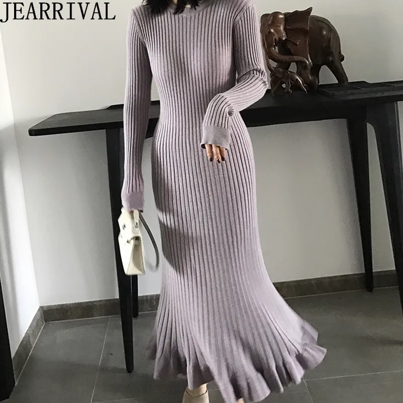 

Thick Long Sleeve Ruffles Sweater Dress 2019 Autumn Winter Fashion Women O-Neck Slim Warm Casual Knitted Dress Elegant Vestidos