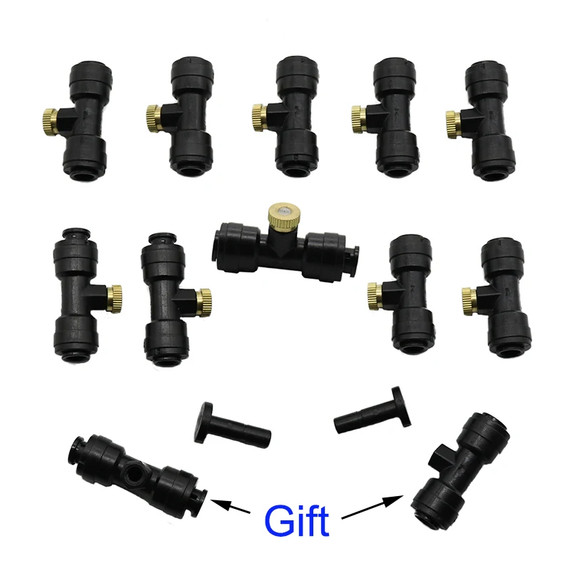 

10 Sets 1/4 Inch Tube OD Plastic Slip Lok (Quick Connect) Garden Fogging Misting Nozzle Tees with Brass Sprayer (0.5 mm)