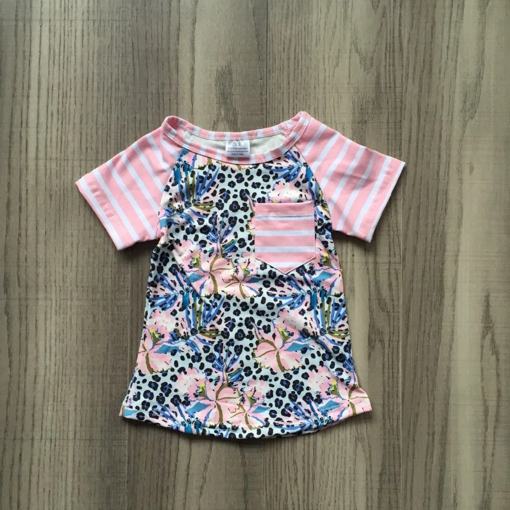 

new arrivals baby girls summer boutique top t-shirt children clothes cotton short sleeve raglans pink stripe pocket floral
