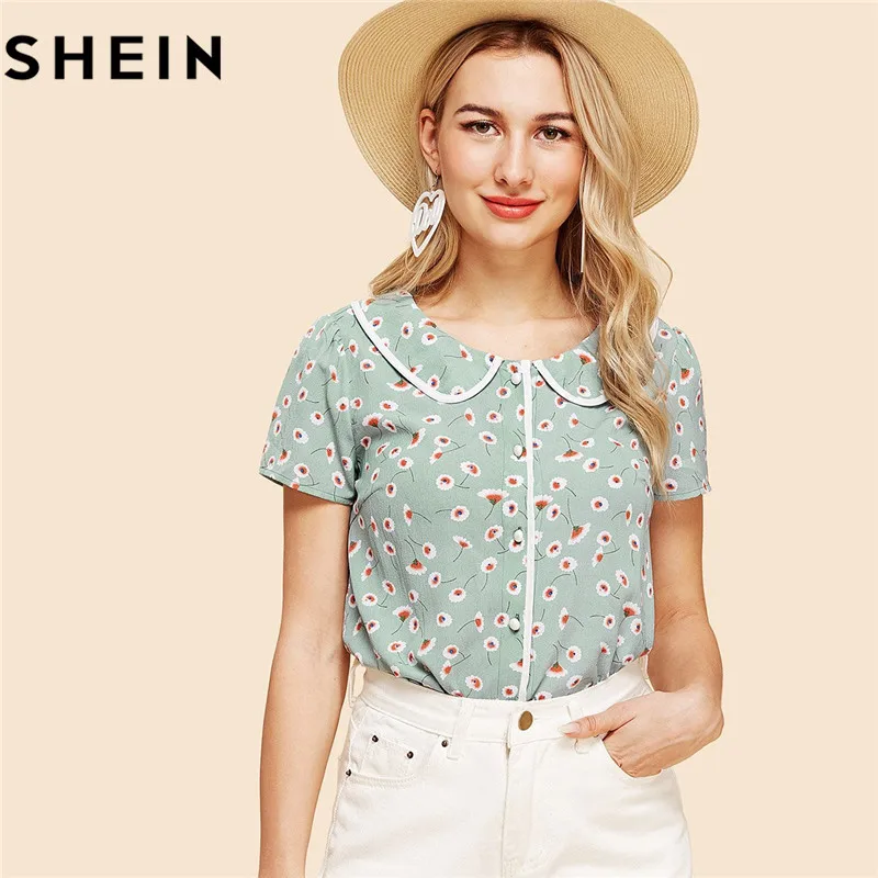 Ceny SHEIN Kobiet Floral Print Kr oacute;tkim Rękawem W Stylu Vintage Top I Bluzki 2018 Letnie Dziewczyny Słodkie Preppy Dorywczo Peter Pan Collar Koszule nowy