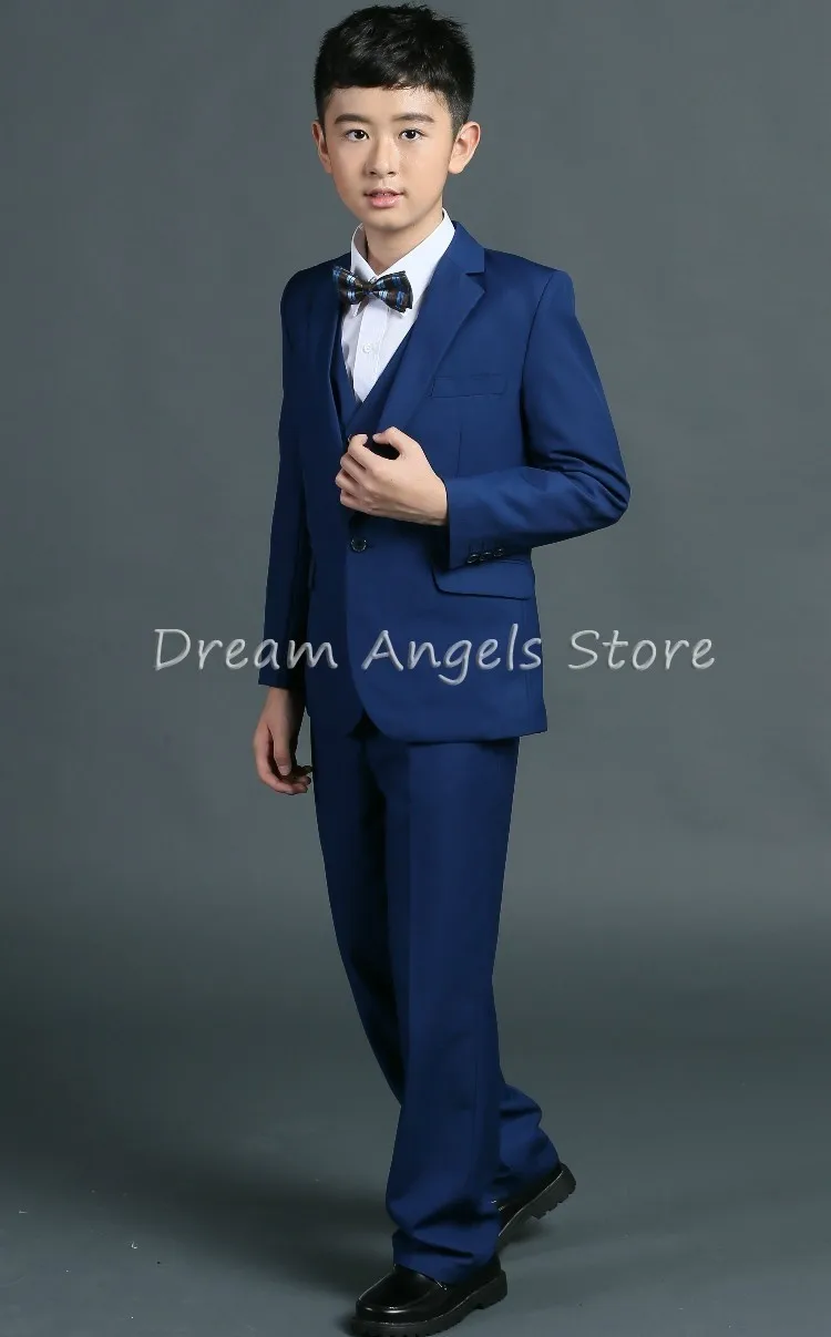 Куртки+ жилет+ брюки+ галстук-бабочка+ рубашка) костюмы для мальчиков приталенный смокинг, фирменный модный костюм на свадьбу свадебный синий Костюмы Блейзер