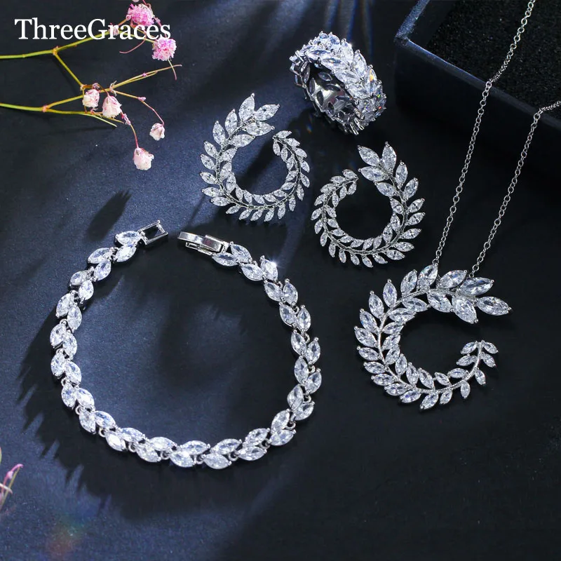 

ThreeGraces Unique Design CZ Stone Sparkling Olive Branch Leaf Shape Rings Bracelets Earrings Necklace 4pcs Jewelry Sets JS253
