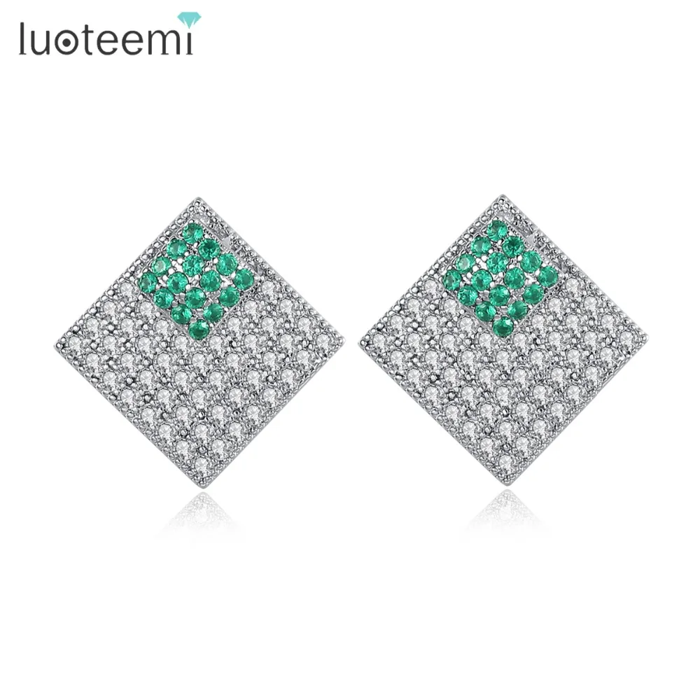 

LUOTEEMI Elegant Square Stud Earrings for Women Office Lady Paved Shining AAA Cubic Zircon Three Color Fashion Jewelry Brincos