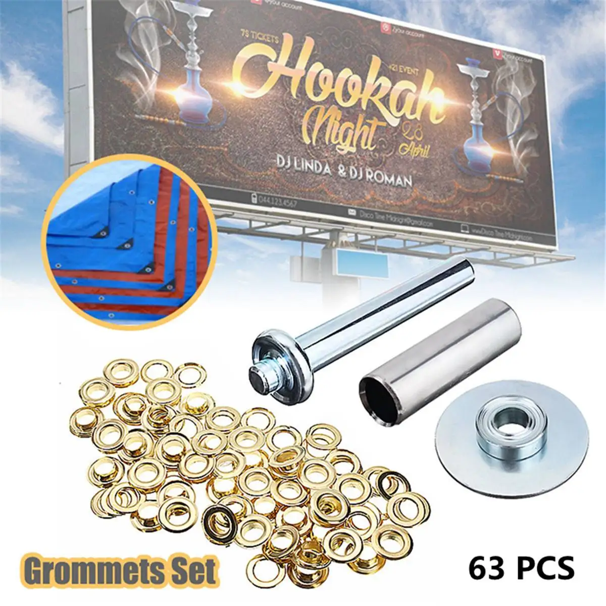 

63Pcs Brass Coated Tent Accessories Punch Grommet Tarp Repair Kit Set Hole Eyelet Tarpaulin Awning Tent For Outdoor Camping