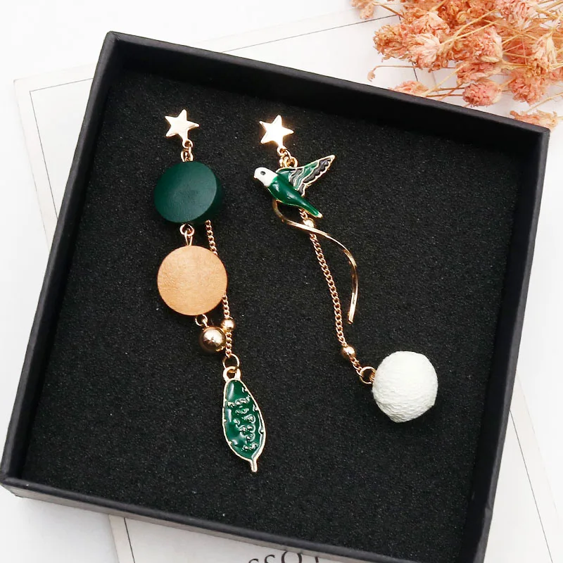 

The new personality is designed by Japan and South Korea. The new spring bird temperament wood alloy women's long earrings