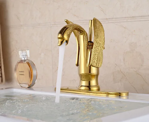 

Luxury Swan Shape Golden Bathroom Sink Faucet Single Handle Basin Mixer Tap With Cover Plate