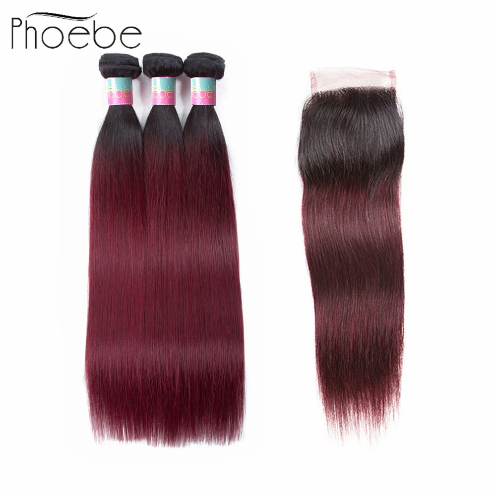 

Phoebe Hair Straight Ombre Hair Bundles 100% Peruvian Human Hair 1B/99J Color 3 Bundles 4*4 Closure 3+1