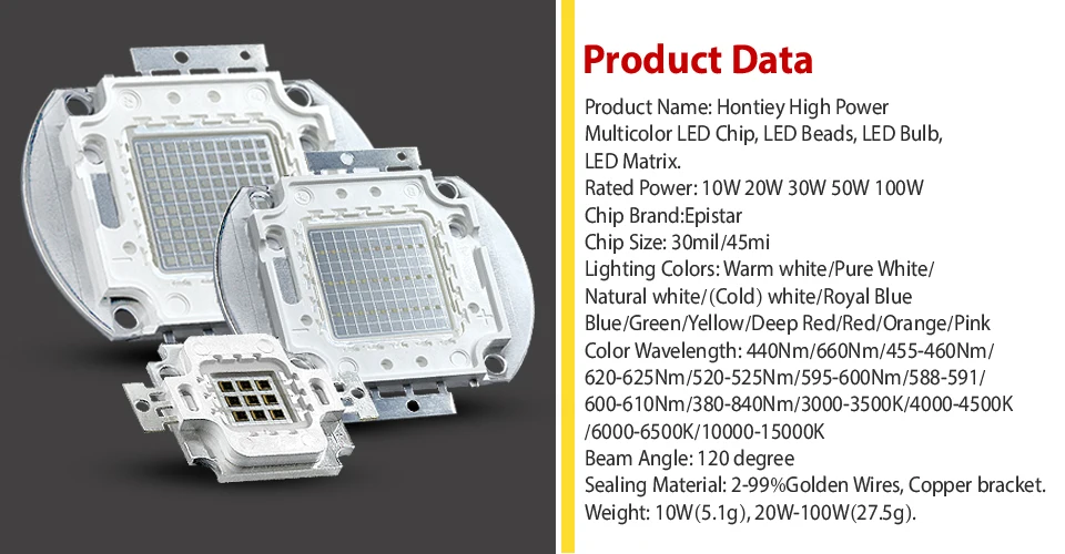 Hontiey 45mil высокая мощность светодиодный чип Интегрированная Лампа синий оранжевый розовый зеленый желтый красный полный спектр белый 10 Вт 20 Вт 30 Вт 50 Вт 100 Вт