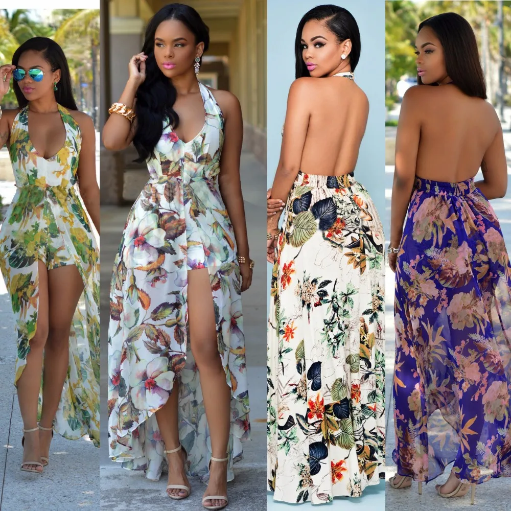 New Summer Bohemia Style Printed Chiffon Halter Neck Dress Maxi Long
