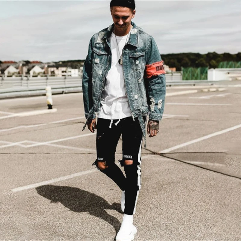 

2019 New Ripped Jeans Men's Streetwear Denim Embroidery Cotton Straight Hole Pocket Trouser Distressed Jeans