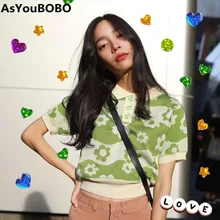 Летнее Новое поступление, японский стиль, цветочный узор, зеленый каваи, милый женский вязаный короткий рукав, короткий топ, поло, YQ-1004