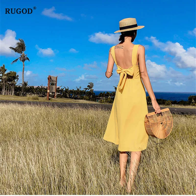RUGOD جديد أزياء النساء اللباس مثير عودة فتح فستان صيفي V الرقبة سليم أكمام vestidos فيرانو 2019