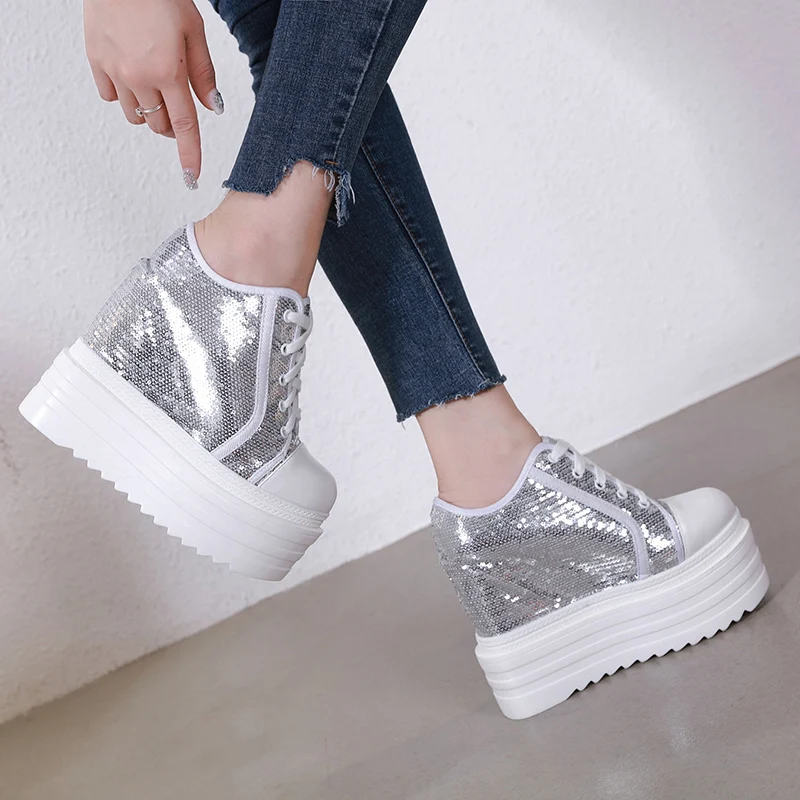 

2019 New Autumn White Hidden Wedge Heels Casual Shoes Woman Bling Platform Shoes Elevator 14CM High-heels Walking Sneakers Women