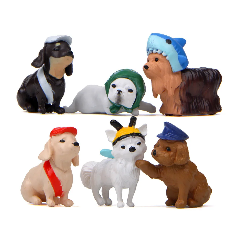 

6Pcs Mini Simulation Dog with Cosplay Cap Action Figures Lovely Puppy PVC Figurines Toys Collection Model Home Decor