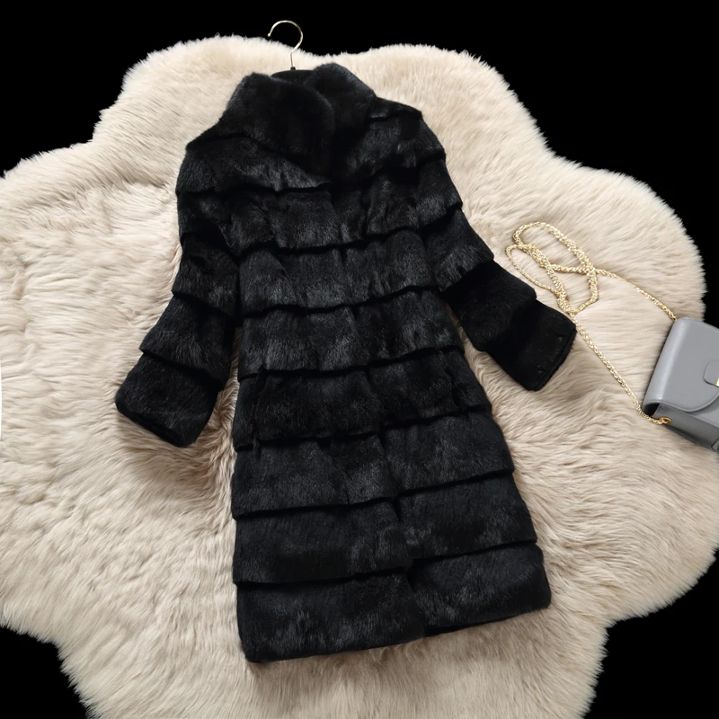 #*Cheap X long 90 cm wave cut natural rabbit fur winter coats women stand collar long slim thickening warm real fur coat outerwear