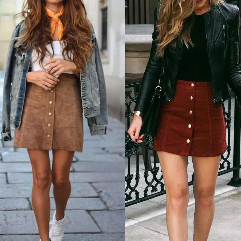 19 Women High Waist Button Suede Leather Skirts Pocket Preppy Short Mini Skirts 4 19 Women High Waist Button Suede Leather Skirts Pocket Preppy Short Mini Skirts 4