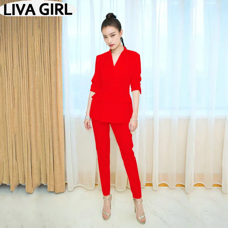 

Retro double-breasted suit jacket women's pants suit and waist high waist 2019 autumn women's office suit