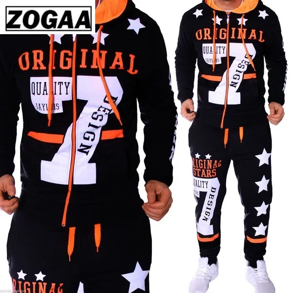 ZOGAA 2 Pieces Set  Men's Fashion Hoodies Set Suits Hit Color Mosaic Stars Sweater Sweatsuit Men Track Suit Set Men Clothes 2019