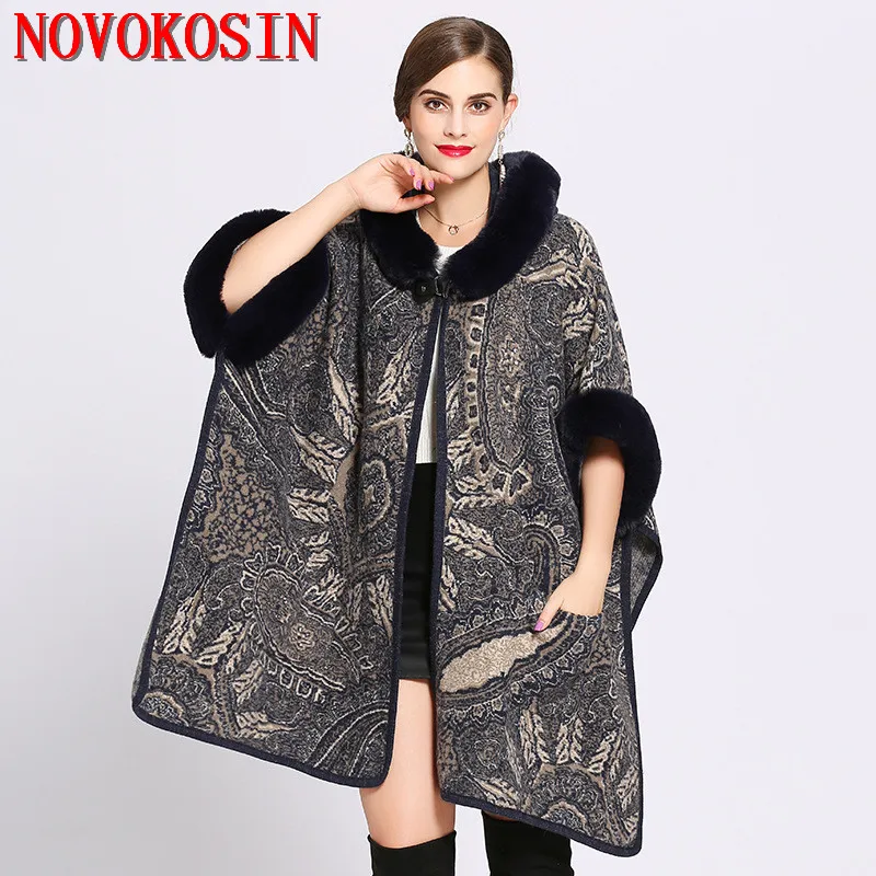 

Women Loose Plus Size Faux Fur Hat Long Knitted Cardigan With Pocket Winter Warm Thick Batwing Sleeves Coat 2018 Printed Poncho