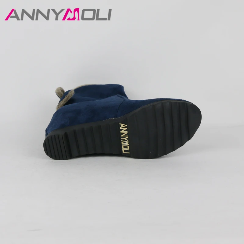 ANNYMOLI/зимние ботинки; женские ботинки до середины икры; модные бархатные ботинки на танкетке с цветочным узором; обувь на высоком каблуке, увеличивающая рост; цвет синий, красный; большой размер 43