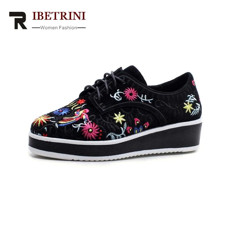

RIBETRINI New women's Wedges Round Toe Embroider lace-up Flat Platform Shoes Woman Casual Comfortable Flats Size 34-39