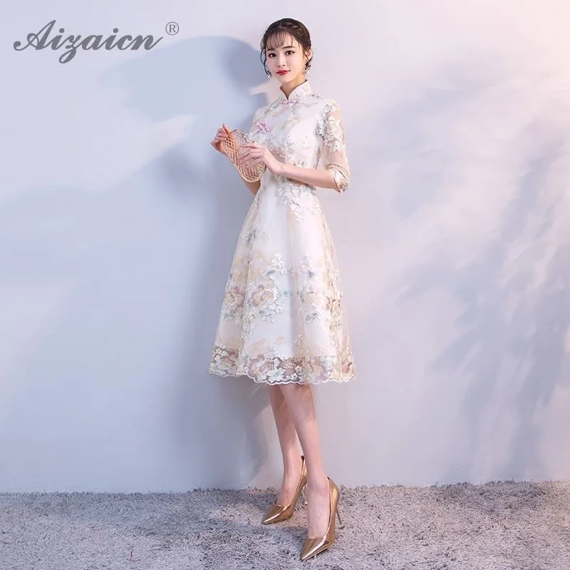 Nueva bordado flor Cheongsam de moda китайский длинный Qi Pao mujeres chino tradicional ropa vestido diio Qipao vestido de fiesta