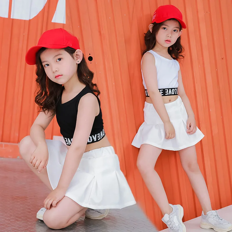 

2 Piece Girls Summer Clothes Sets White Black Crop Top & Skirt Suit Girl Outfit Kids Hip Hop Dance Clothing Costume