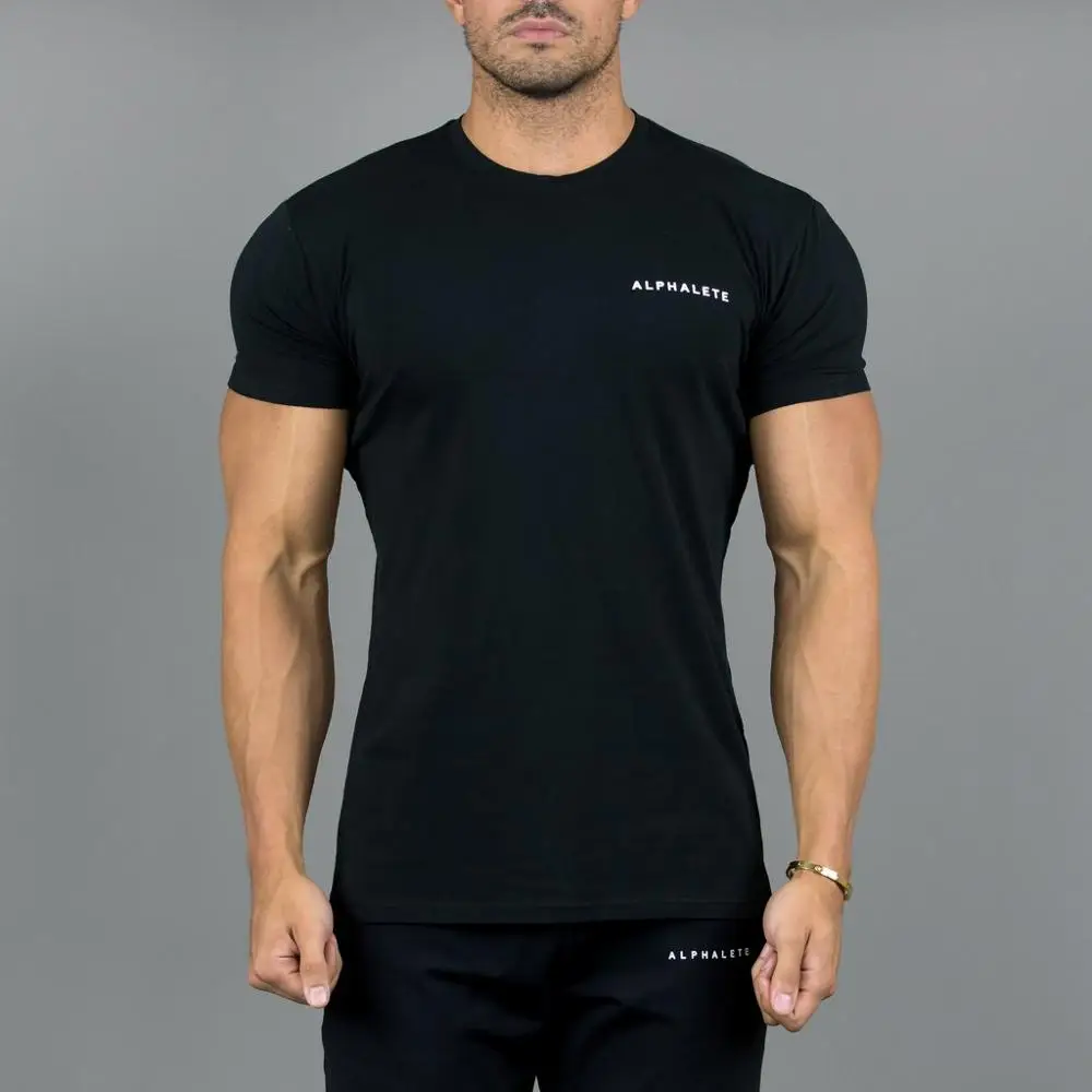ALPHALETE новая брендовая мужская футболка для бодибилдинга, Спортивная повседневная футболка с коротким рукавом и круглым вырезом, хлопковая Футболка с буквенным принтом для фитнеса, мужские футболки - Цвет: black
